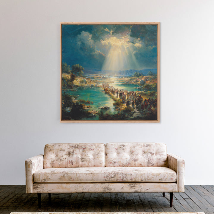 Biblical River Crossing Canvas Print, Radiant Sunbeams Over Sacred Landscape, Christian Wall Art, Religious Home Decor, Prayer Room Decor