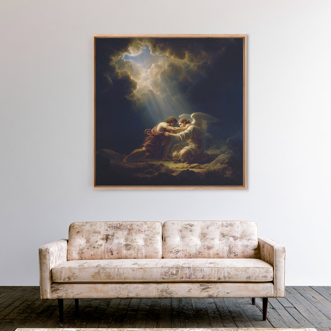Guardian Angel Comforting Man Canvas Print, Biblical Wall Art, Religious Fine Art, Spiritual Home Decor Gift For Her And Him