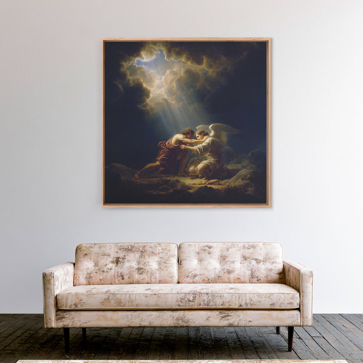 Guardian Angel Comforting Man Canvas Print, Biblical Wall Art, Religious Fine Art, Spiritual Home Decor Gift For Her And Him