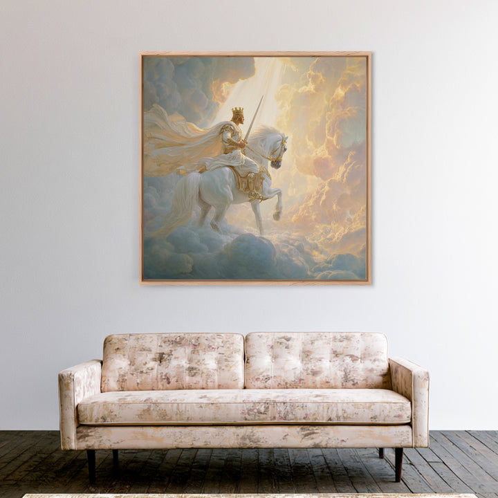 Heavenly King On White Horse Wall Art, Biblical Fantasy Art Print, Christian Home Decor, Ethereal Clouds Framed Canvas Print
