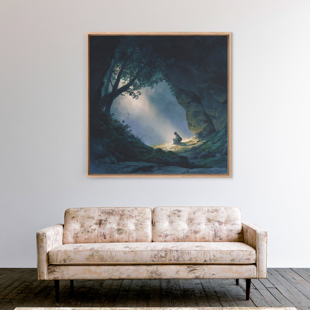 Mystic Cave Seeker Framed Canvas Print, Fantasy Wall Art, Moody Forest Decor, Surreal Adventure Art, Meditation Room Decor