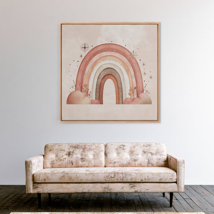 Boho Rainbow Stars And Clouds Wall Art, Neutral Nursery Canvas Print, Whimsical Kids Room Decor Baby Shower Gift For Girl
