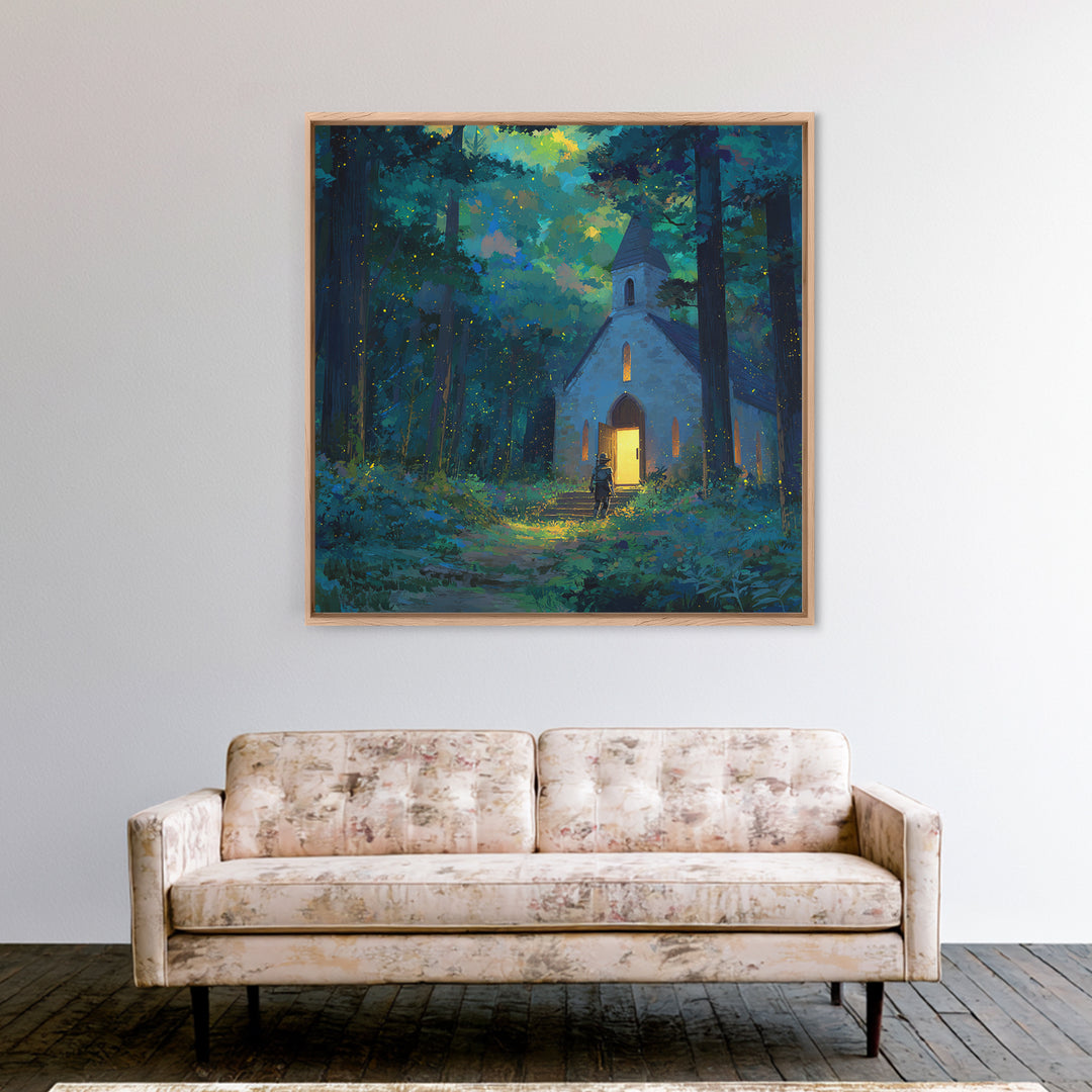 Glowing Chapel In Enchanted Forest Wall Art, Whimsical Christian Canvas Print, Fairy Tale Decor, Kids Room Art, Nursery Decor