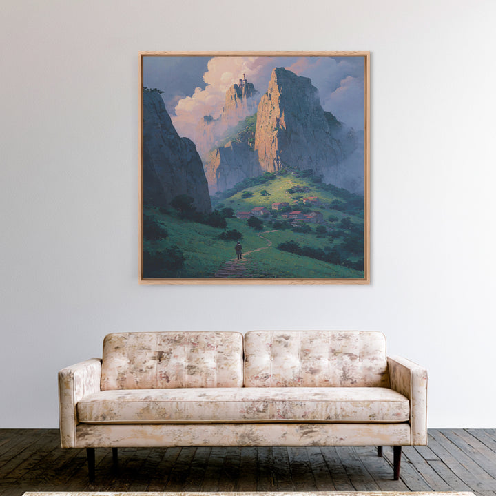 Fantasy Mountain Village Below Castle Wall Art, Dreamy Landscape Print, Storybook Decor, Whimsical Fantasy Art, Nursery Wall Art