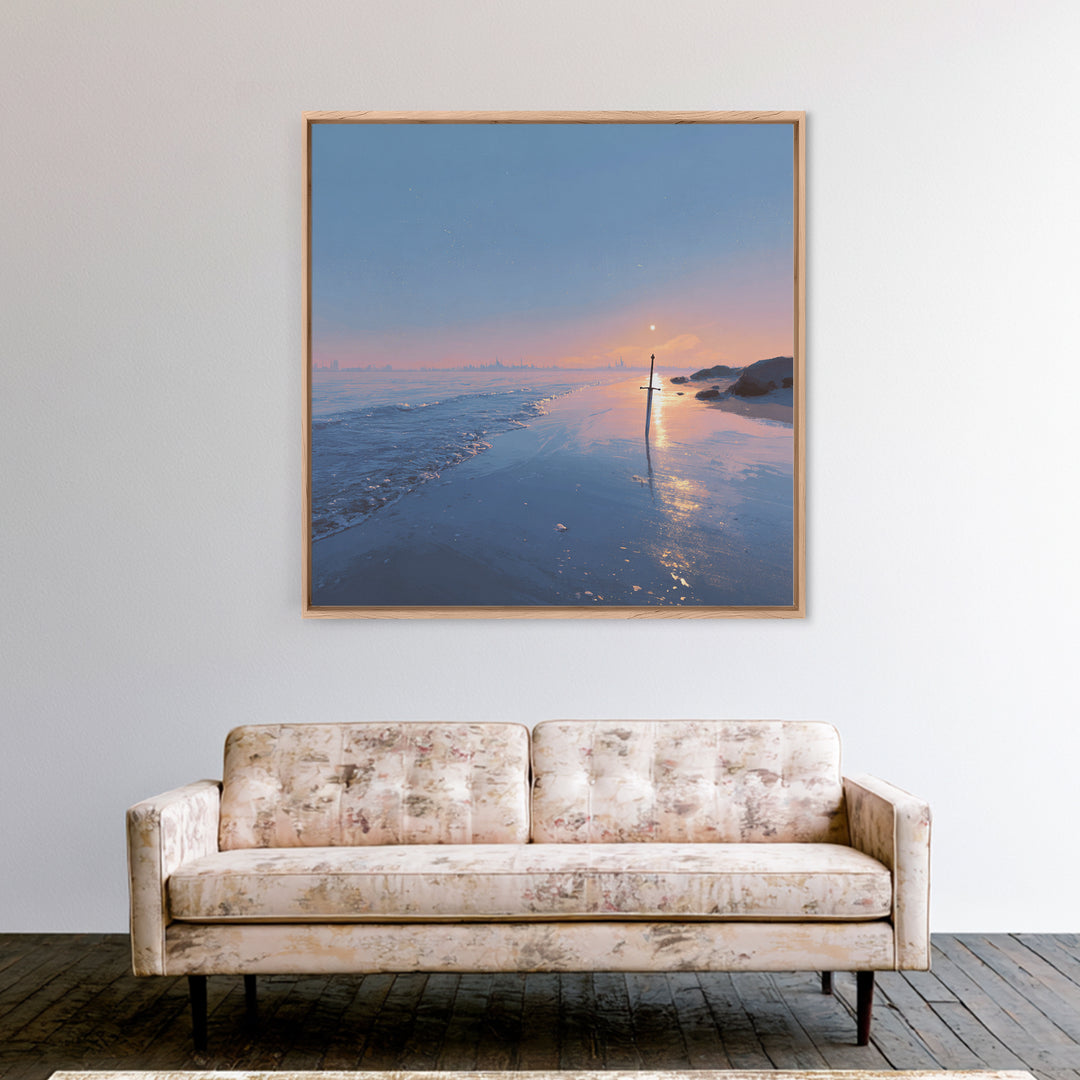 Pastel Beach Sunset With Sword Reflection Wall Art, Coastal Canvas Print, Minimal Ocean Landscape Bedroom Decor Gift For Her