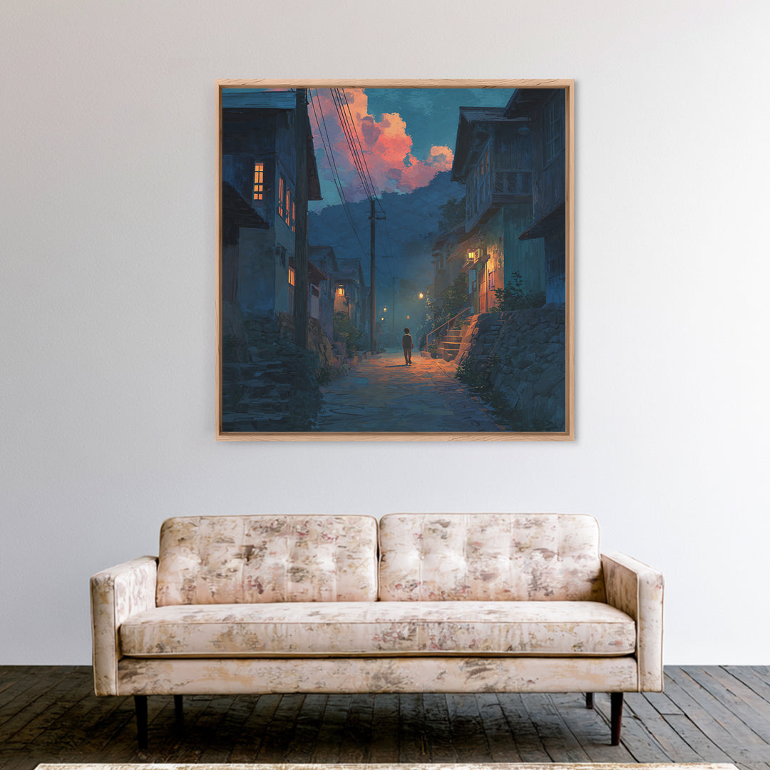 Child Walking Through Twilight Mountain Village Canvas Print, Moody Alley Wall Art, Cozy Blue Landscape, Whimsical Decor
