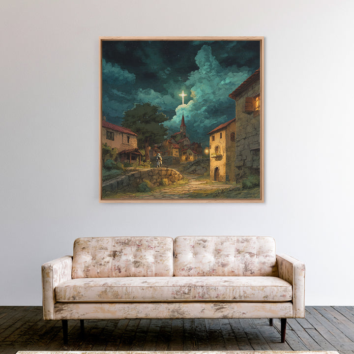 Moonlit Christian Village With Glowing Cross Wall Art, Storybook Church Canvas Print, Rustic Faith Decor For Cozy Home Decor
