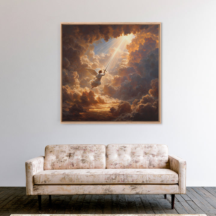 Angelic Warrior In Storm Clouds Framed Canvas Print, Christian Wall Art, Celestial Sword Painting For Prayer Room Decor Gift