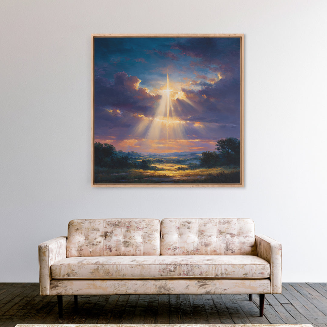 Radiant Cross Above Sunrise Valley Wall Art, Christian Landscape Canvas Print, Spiritual Decor, Inspirational Faith Gift