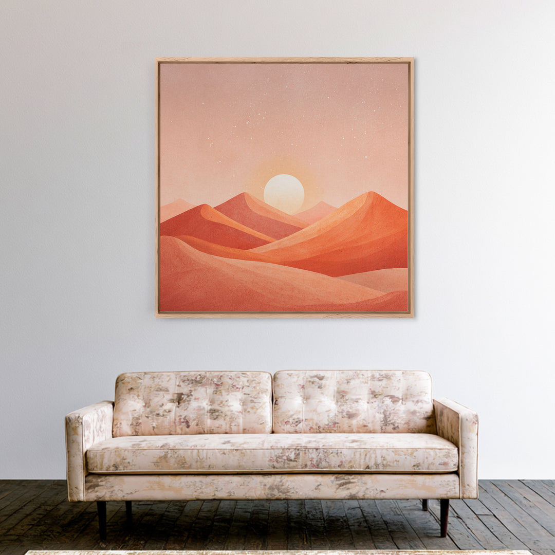 Blush Desert Mountains Sunrise Wall Art, Warm Terracotta Landscape Canvas Print, Modern Boho Living Room Decor Above Bed
