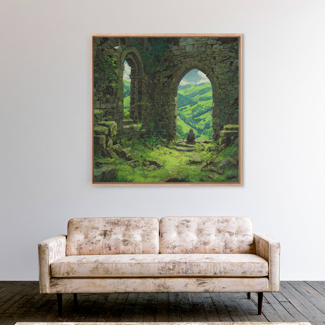 Castle Ruins Green Valley Knight Wall Art, Fantasy Landscape Canvas Print, Medieval Adventure Home Decor, Gamer Gift For Him