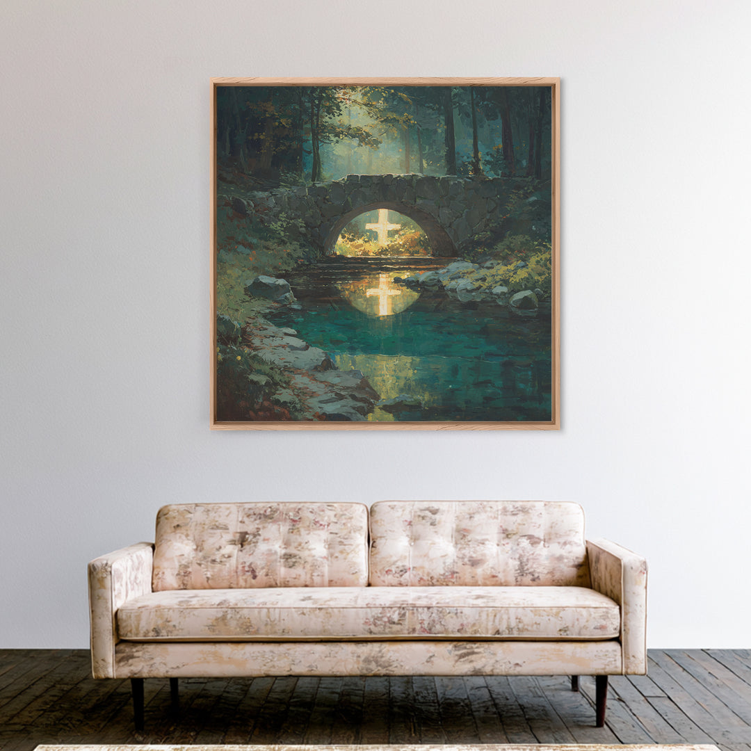 Glowing Cross Beneath Stone Bridge Framed Canvas Print, Christian Wall Art, Forest Stream Landscape, Calming Home Decor Gift