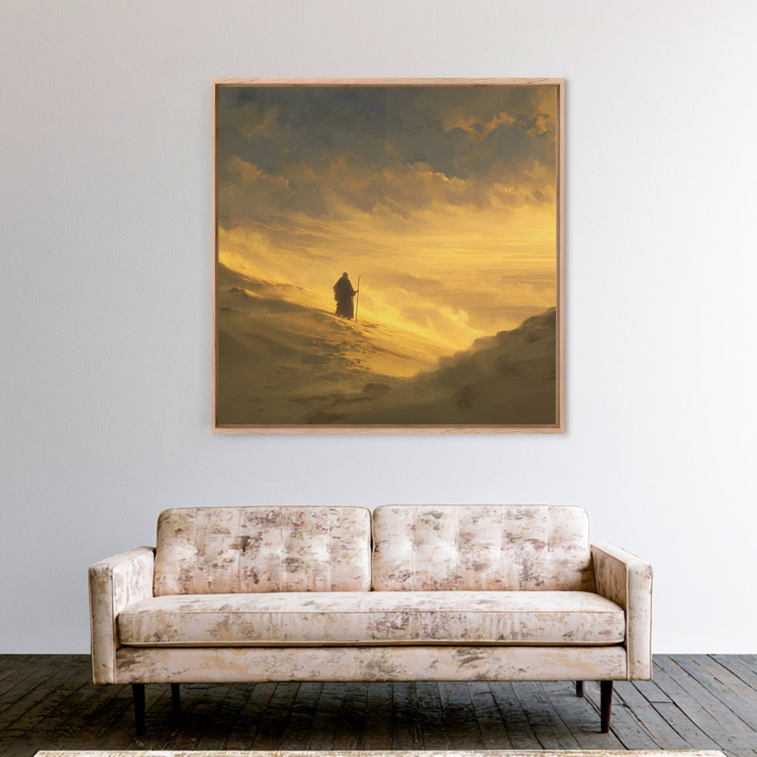 Lone Pilgrim Crossing Golden Desert Wall Art, Spiritual Landscape Canvas Print, Minimalist Desert Decor, Warm Neutral Home Decor