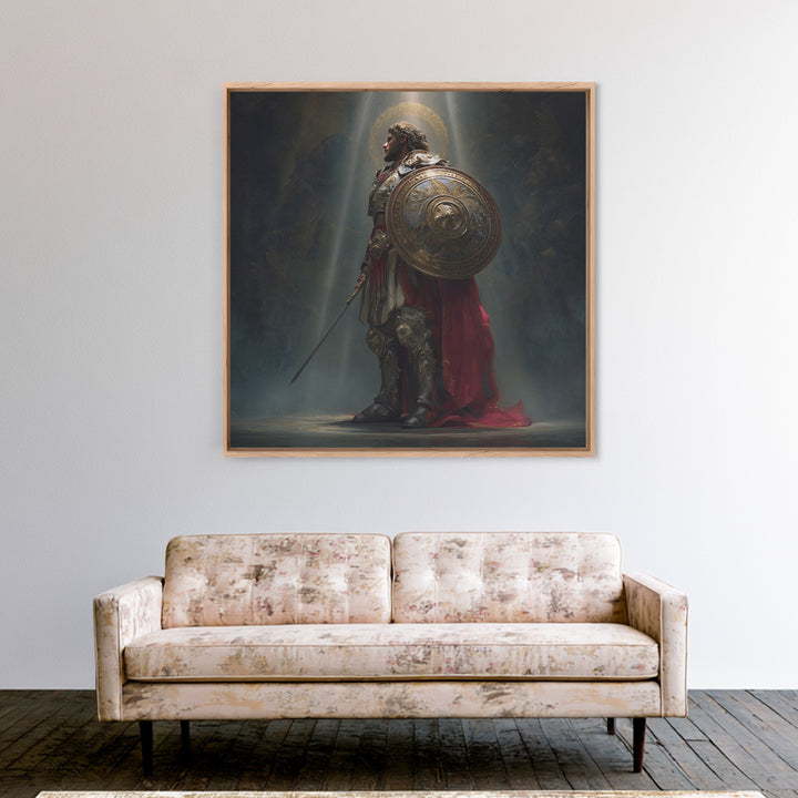 Angelic Warrior With Shield Framed Canvas Print, Dark Fantasy Wall Art, Renaissance Knight Decor For Dramatic Home Decor