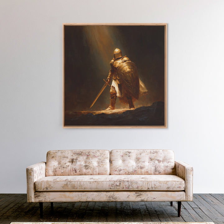 Golden Knight With Sword Canvas Print, Dark Fantasy Warrior Wall Art, Medieval Armor Painting, Masculine Office Decor, Gift For Him