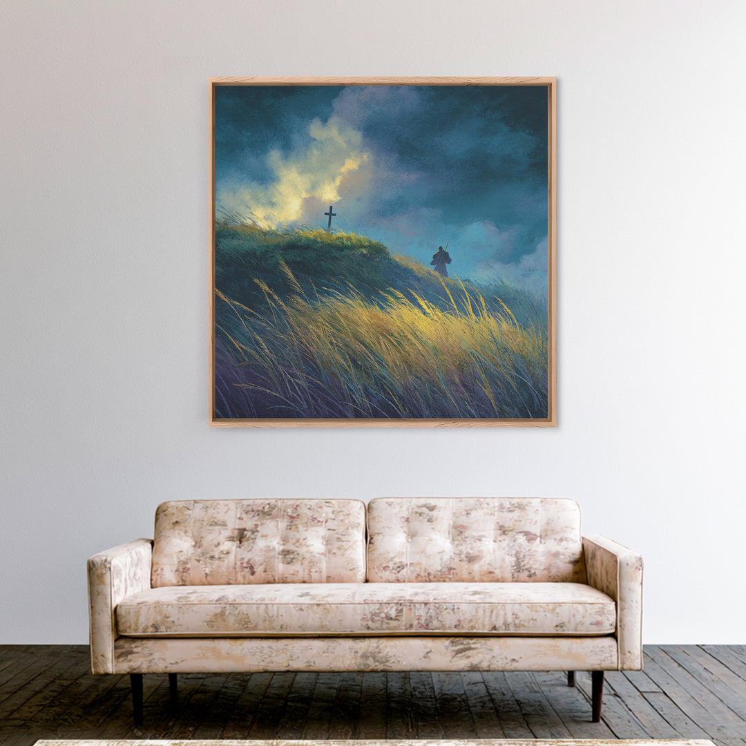 Solitary Pilgrim Near Cross Wall Art, Moody Christian Canvas Print, Windy Grassland, Spiritual Landscape Decor Gift For Him