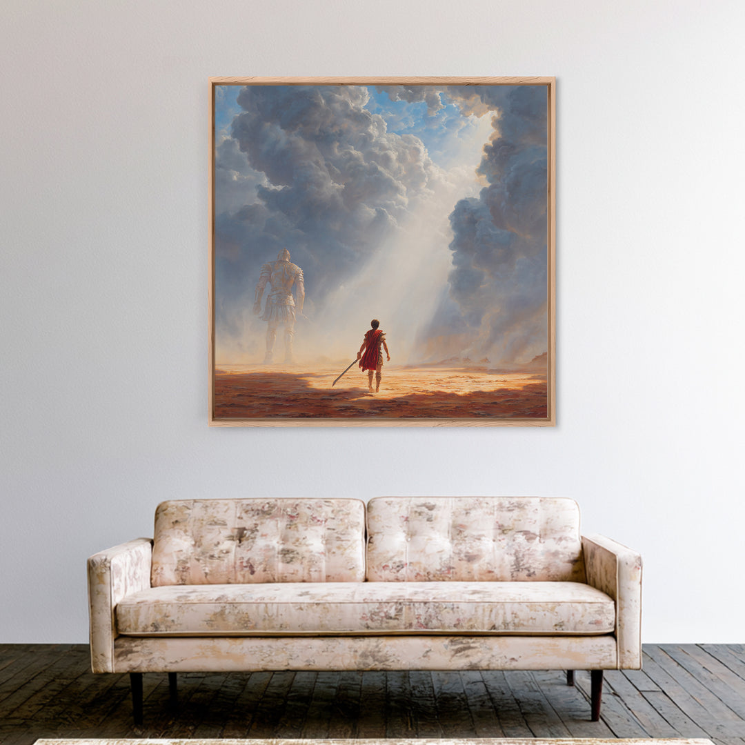 Young Hero Facing Cloud Giant Wall Art, Epic Fantasy Landscape Canvas Print, Mythological Adventure Decor, Gift For Gamer