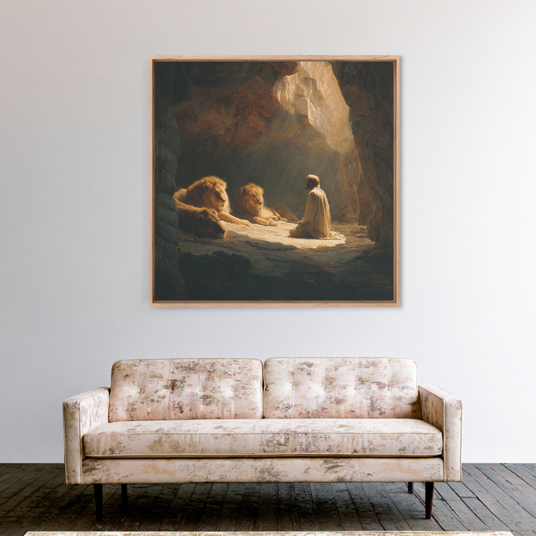 Daniel With Lions In Cave Wall Art, Biblical Christian Canvas Print, Jesus Artwork, Religious Home Decor Gift For Prayer Room