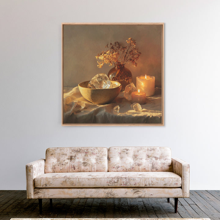 Glowing Candles Crystals And Dried Flowers Wall Art, Spiritual Still Life Canvas Print, Cozy Spa Decor For Bedroom And Meditation Room
