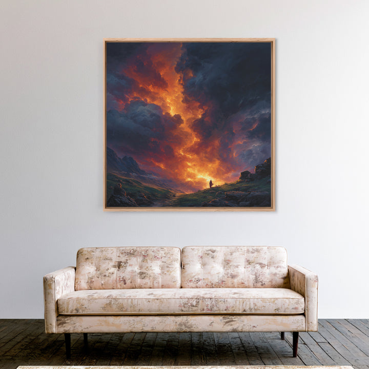 Fiery Mountain Storm At Sunset Wall Art, Dramatic Fantasy Landscape Canvas Print, Moody Maximalist Living Room Decor Gift