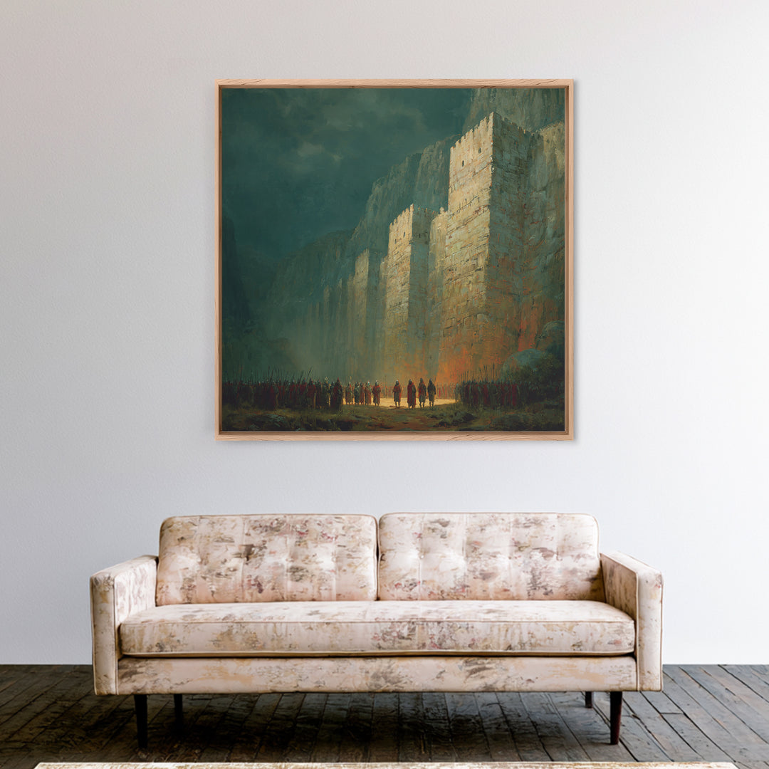 Towering Fortress In Misty Canyon Canvas Print, Epic Fantasy Wall Art, Medieval Castle Decor, Large Statement Artwork Print