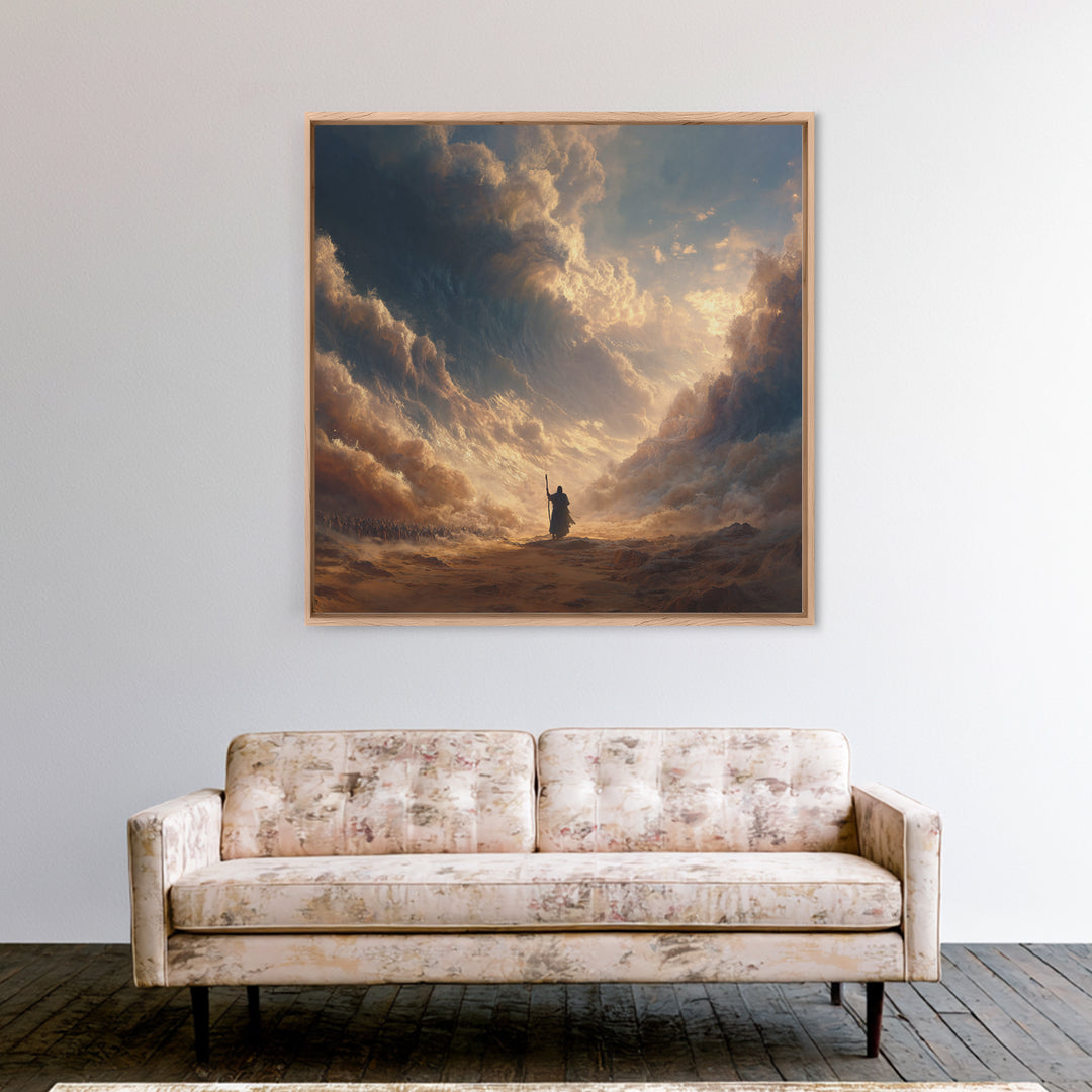 Biblical Sea Parting Prophet In Golden Storm Wall Art, Christian Canvas Print, Dramatic Religious Housewarming Gift Home Decor