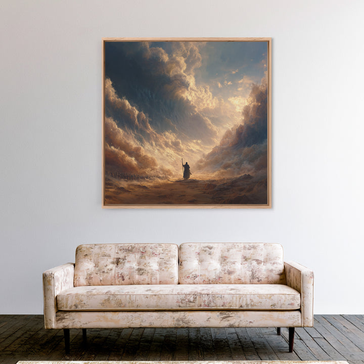 Biblical Sea Parting Prophet In Golden Storm Wall Art, Christian Canvas Print, Dramatic Religious Housewarming Gift Home Decor