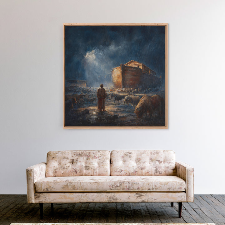 Noahs Ark In Stormy Rain With Animals Canvas Print, Biblical Wall Art, Christian Decor, Dramatic Nursery Or Living Room Art