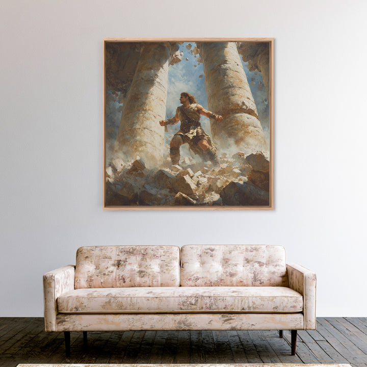 Heroic Warrior Among Crumbling Columns Wall Art, Fantasy Canvas Print, Ancient Ruins Decor, Mythology Artwork Gift For Him