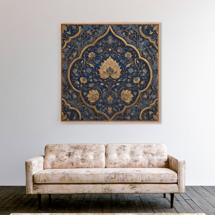 Ornate Blue Gold Islamic Floral Pattern Wall Art, Moroccan Tile Canvas Print, Elegant Arabic Home Decor For Living Room Wall