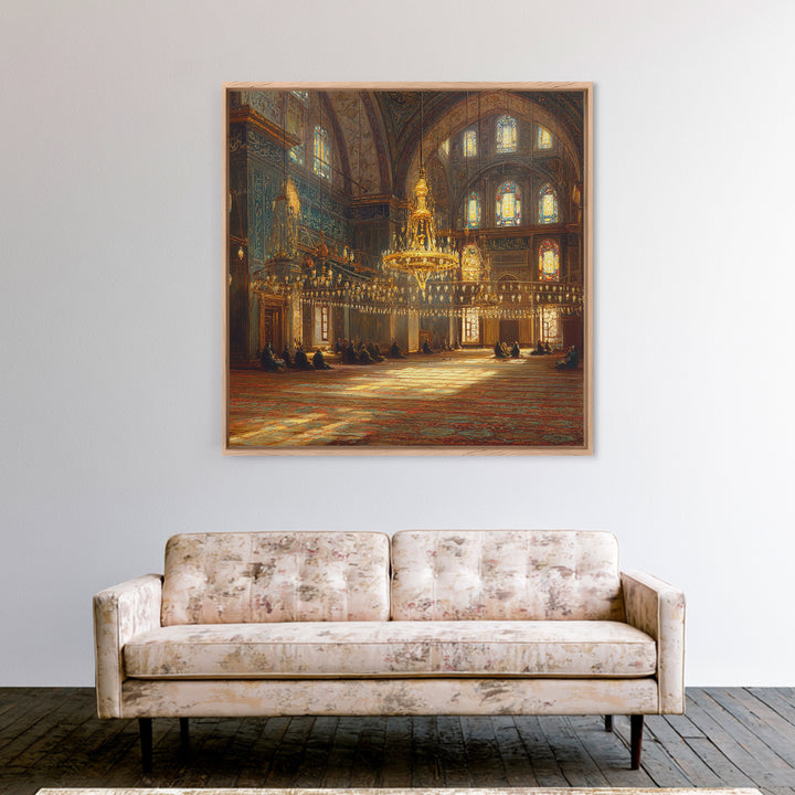 Ornate Mosque Chandelier Wall Art, Islamic Interior Canvas Print, Arabic Calligraphy Decor, Prayer Room Framed Canvas Art