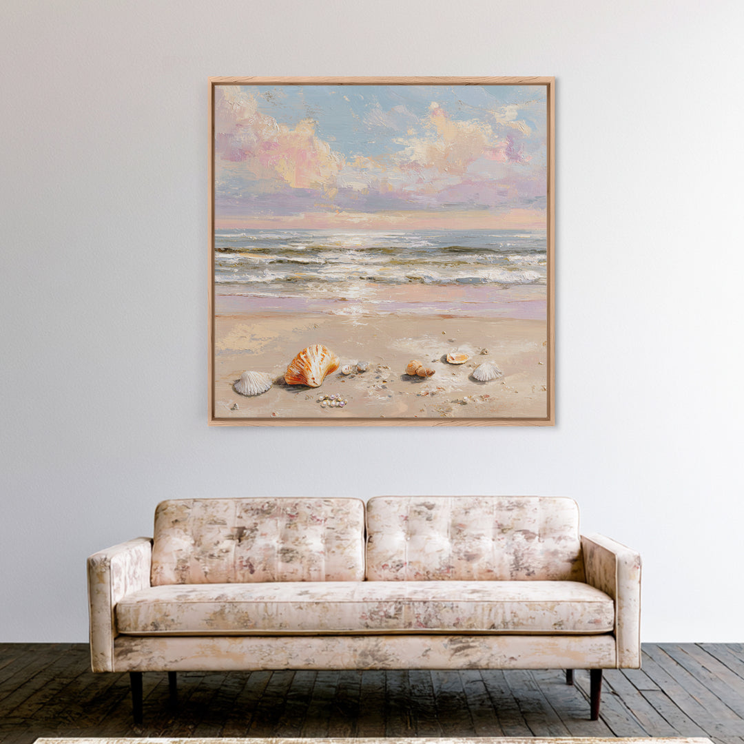 Pastel Ocean Waves And Seashells Wall Art, Coastal Seascape Framed Canvas Print, Beach House Living Room Decor For Bedroom