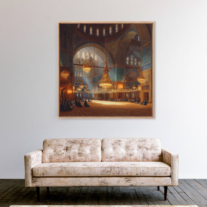 Ornate Mosque Interior With Chandeliers Wall Art, Islamic Architecture Framed Canvas Print, Prayer Room Decor, Luxury Wall Decor
