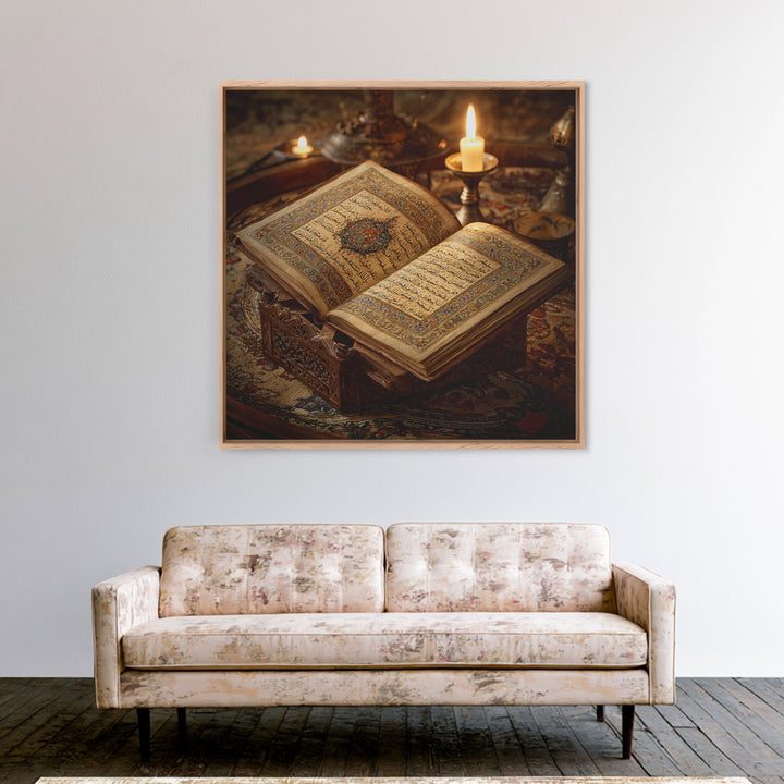 Illuminated Quran Manuscript With Candlelight Framed Canvas Print, Islamic Calligraphy Wall Art, Prayer Room Decor Gift Idea