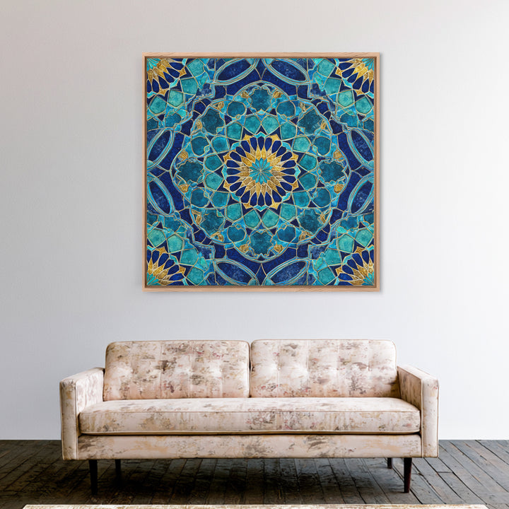 Teal Islamic Geometric Tile Wall Art, Moroccan Mosaic Pattern, Blue Gold Boho Decor, Mediterranean Canvas Print, Kitchen Decor