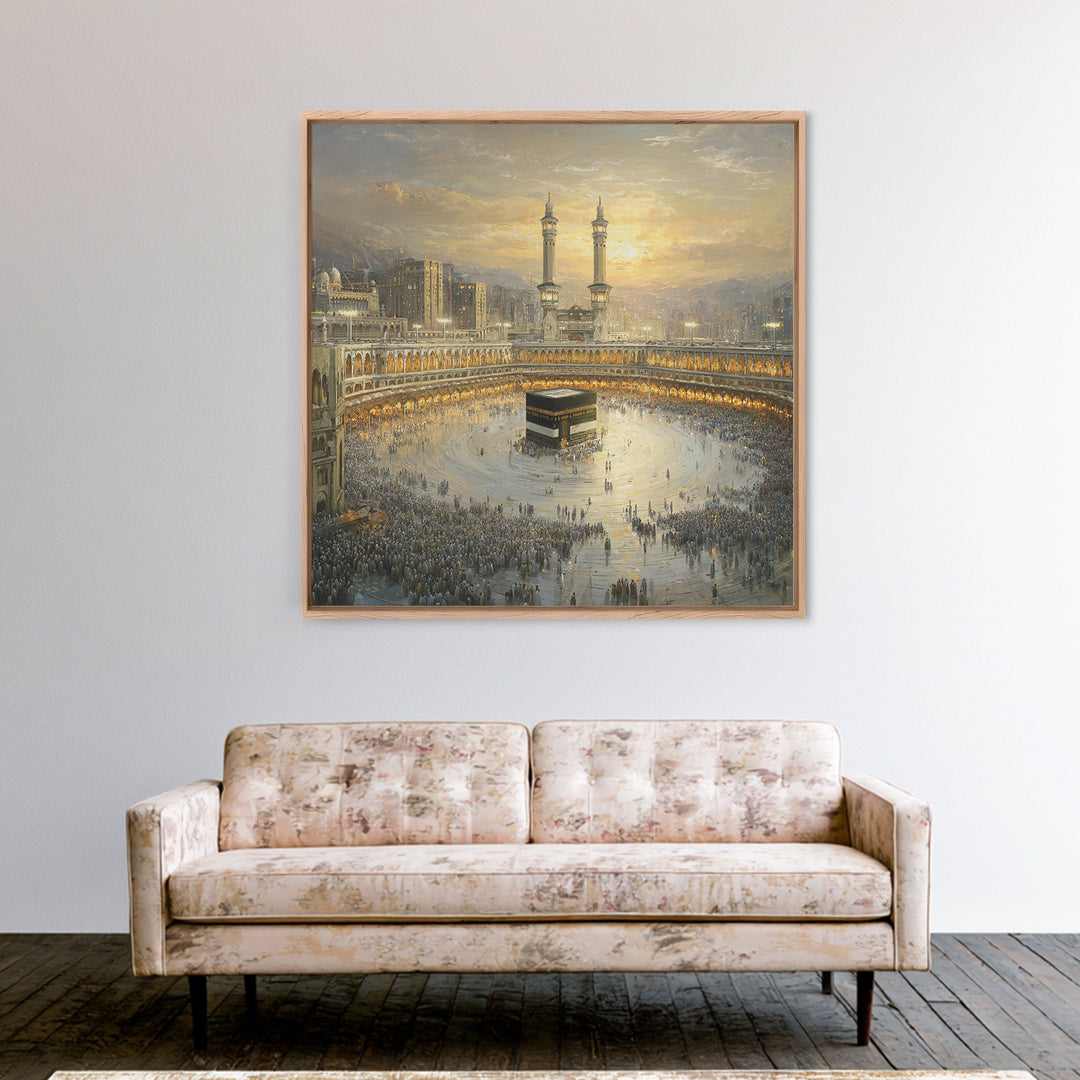Golden Mecca Kaaba Pilgrimage Canvas Print, Islamic Wall Art, Masjid Al Haram Decor, Spiritual Muslim Gift For Home And Prayer Room
