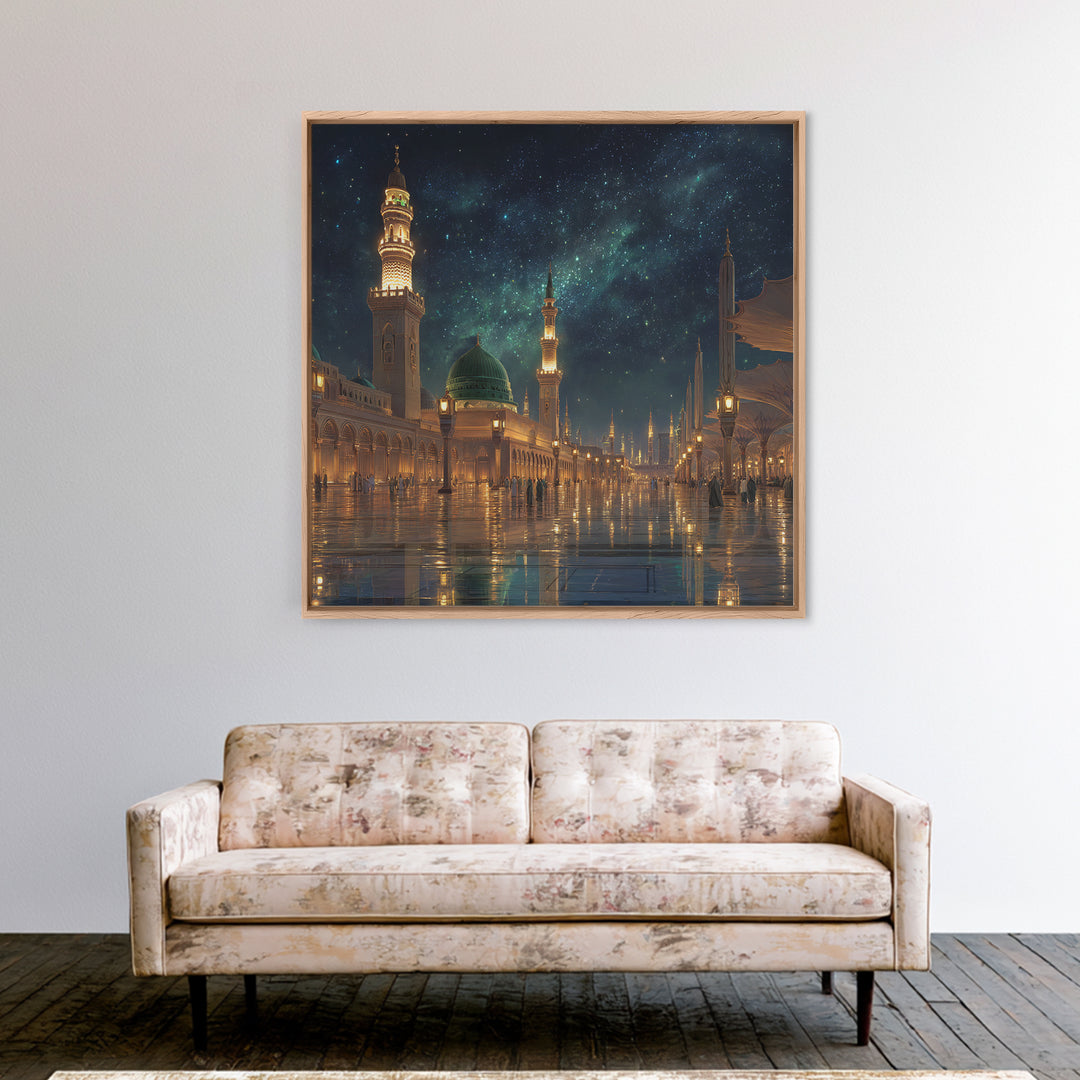 Starry Mosque Courtyard At Night Canvas Print, Islamic Architecture Wall Art, Celestial Decor, Muslim Home Decor Gift Idea
