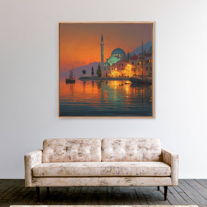 Waterfront Mosque At Orange Sunset Canvas Print, Islamic Architecture Art, Coastal Wall Decor, Travel Poster For Living Room