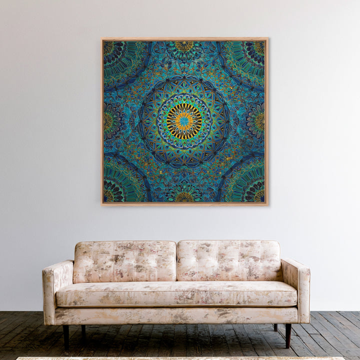 Teal Gold Geometric Mandala Wall Art, Sacred Geometry Abstract Print, Boho Spiritual Decor, Modern Meditation Room Art Gift