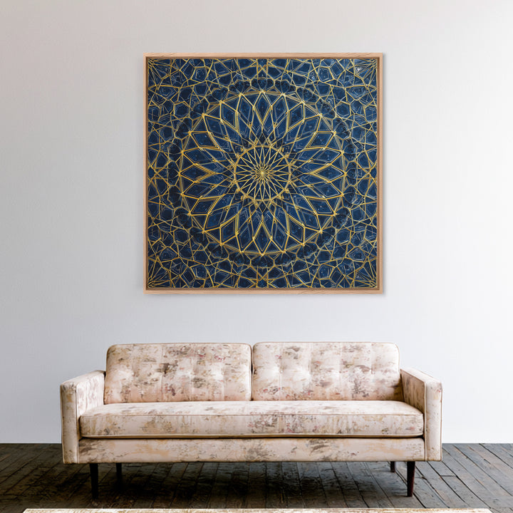Blue Gold Geometric Mandala Canvas Print, Islamic Pattern Wall Art, Moroccan Abstract Decor For Meditation Room And Office
