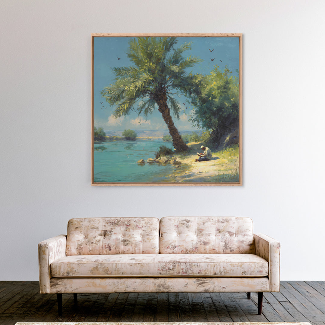 Leaning Palm By Blue Lagoon Wall Art, Tropical Coastal Landscape Painting, Serene Nature Decor, Mediterranean Canvas Print