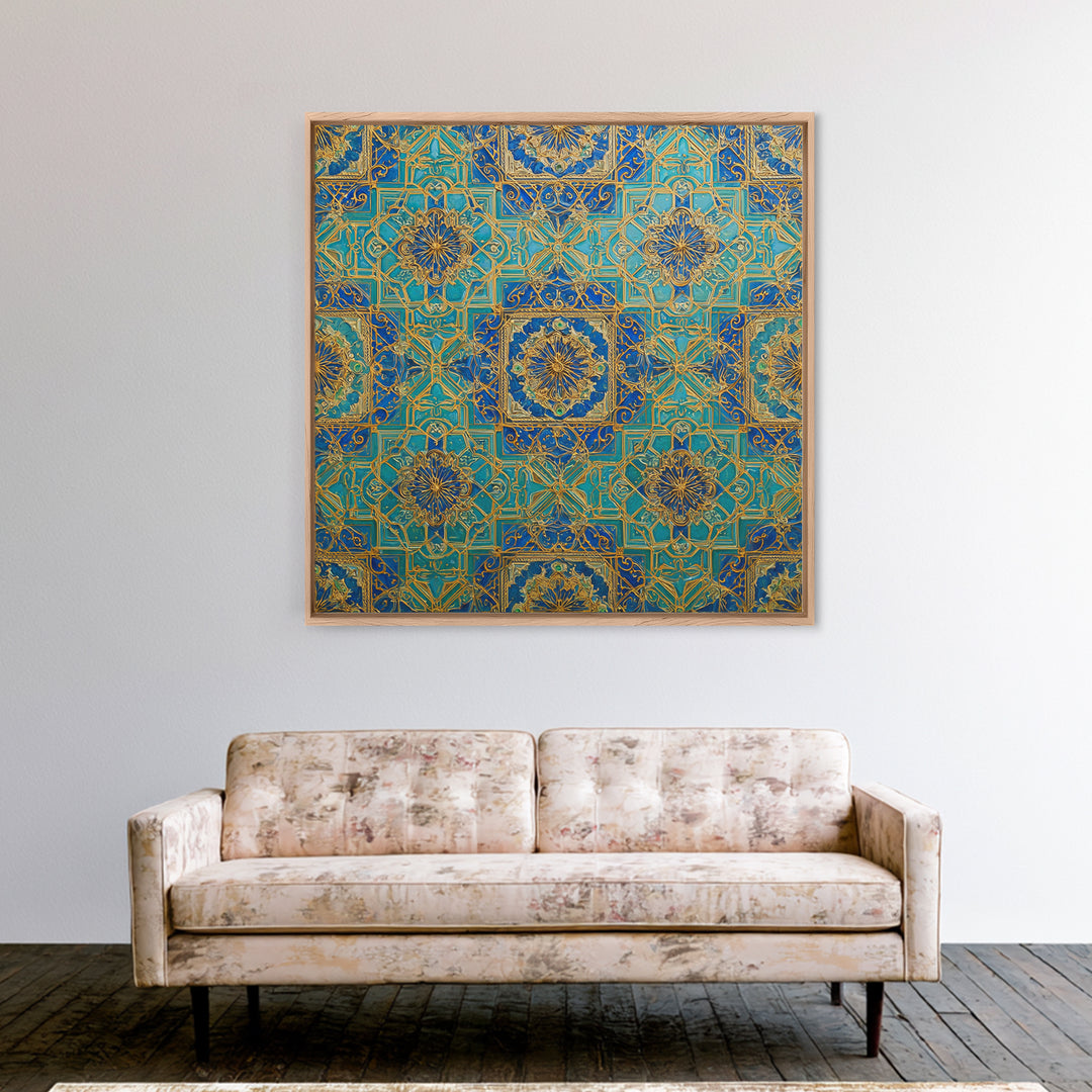 Blue And Gold Islamic Geometric Tile Wall Art, Moroccan Pattern Canvas Print For Elegant Home Decor And Meditation Room Decor
