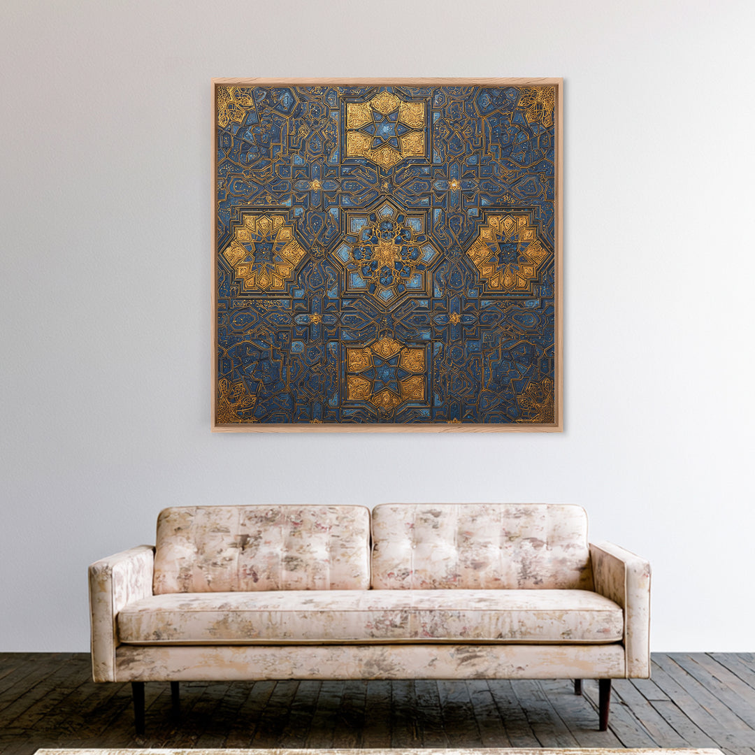 Blue Gold Islamic Geometric Tile Canvas Print, Moroccan Wall Art, Arabic Pattern Decor For Prayer Room And Modern Home Decor