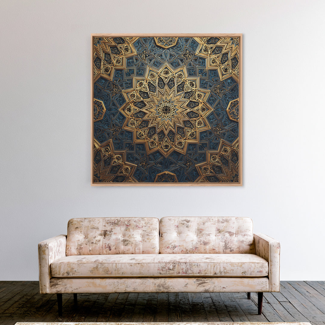 Blue Gold Islamic Geometric Mandala Wall Art, Sacred Geometry Pattern, Moroccan Tile Decor, Meditation Room Statement Print
