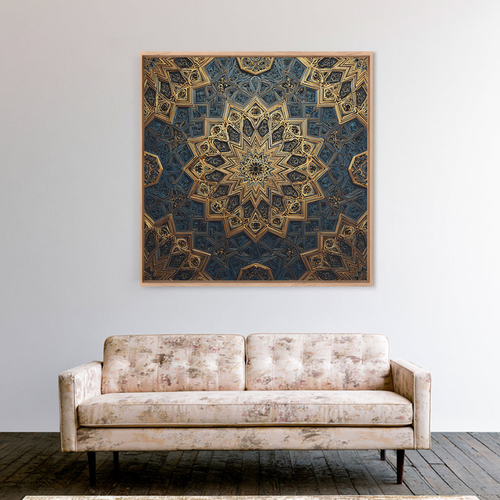 Blue Gold Islamic Geometric Mandala Wall Art, Sacred Geometry Pattern, Moroccan Tile Decor, Meditation Room Statement Print