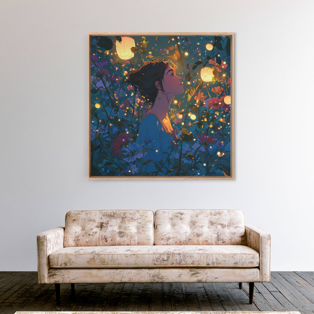 Lantern Lit Girl In Enchanted Flower Garden Wall Art, Whimsical Fairycore Decor, Fantasy Floral Print For Bedroom Living Room Decor