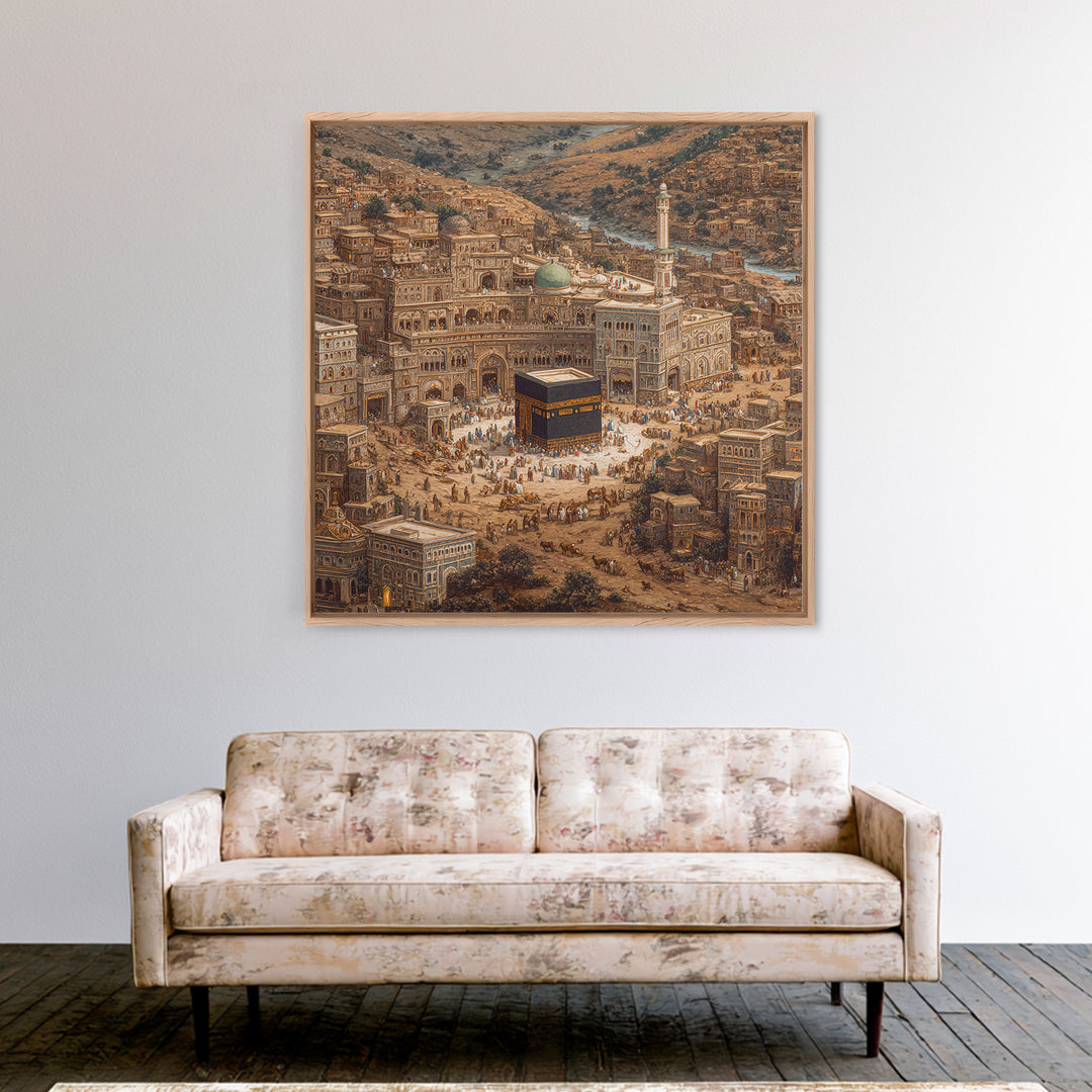 Kaaba In Ancient Mecca City Canvas Print, Islamic Architecture Wall Art, Hajj Prayer Room Decor Housewarming Gift For Muslim Home
