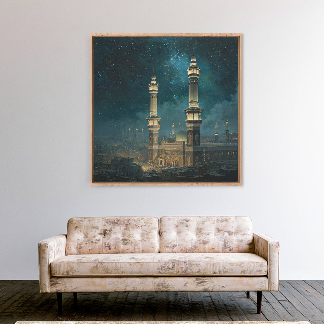 Starry Night Mosque Minarets Framed Canvas Print, Islamic Wall Art, Celestial Arabic Home Decor For Prayer Room And Eid Gift