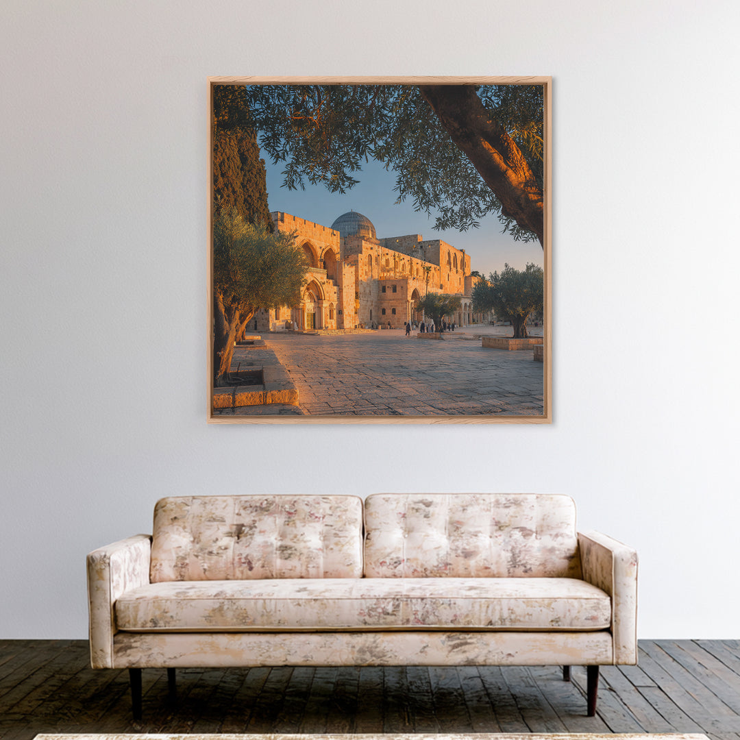 Golden Jerusalem Mosque Courtyard Wall Art, Islamic Architecture Print, Olive Tree Decor, Spiritual Travel Poster, Middle Eastern Decor