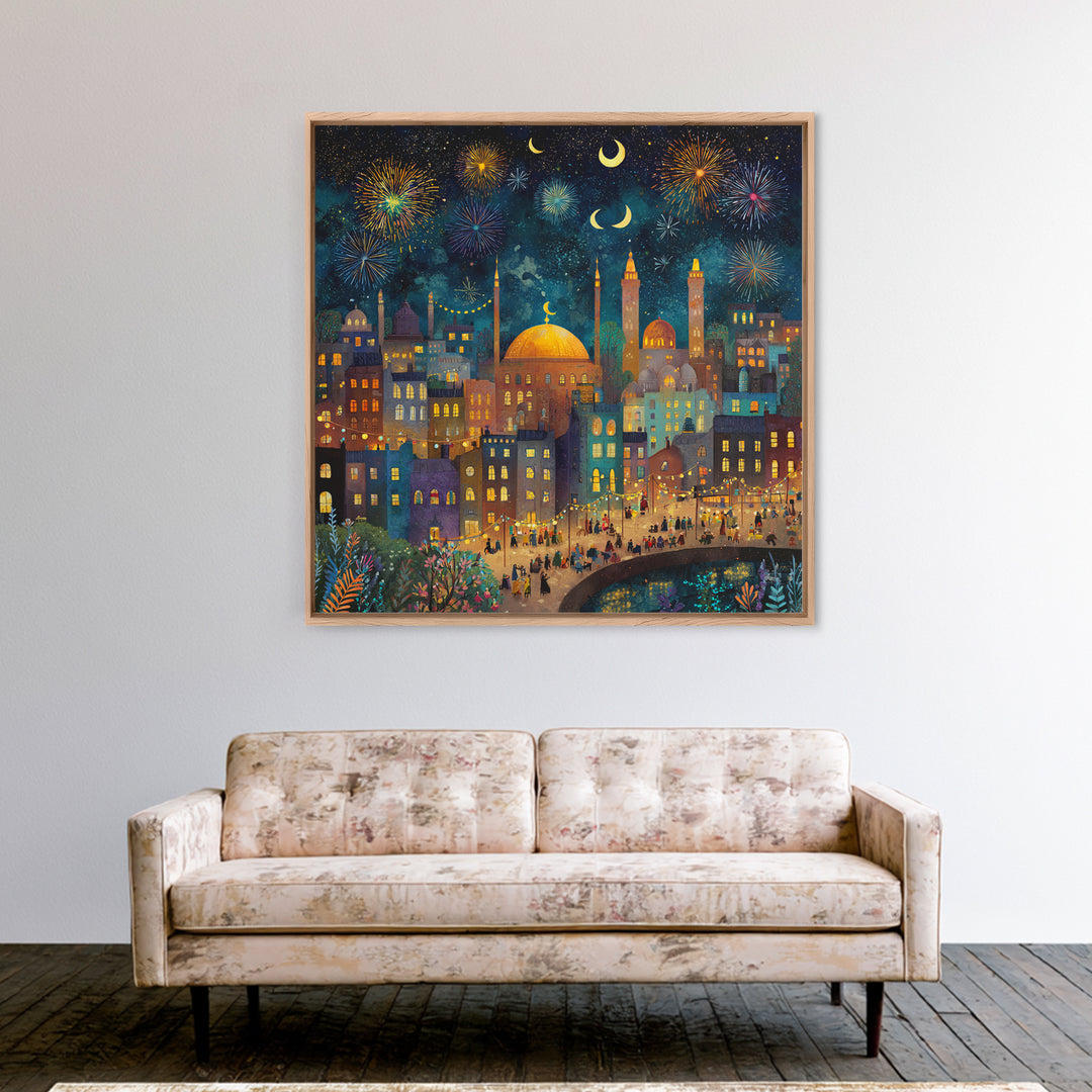 Crescent Moon City Fireworks Wall Art, Whimsical Islamic Canvas Print, Ramadan Decor, Celestial Nursery Art Gift For Kids Room Decor